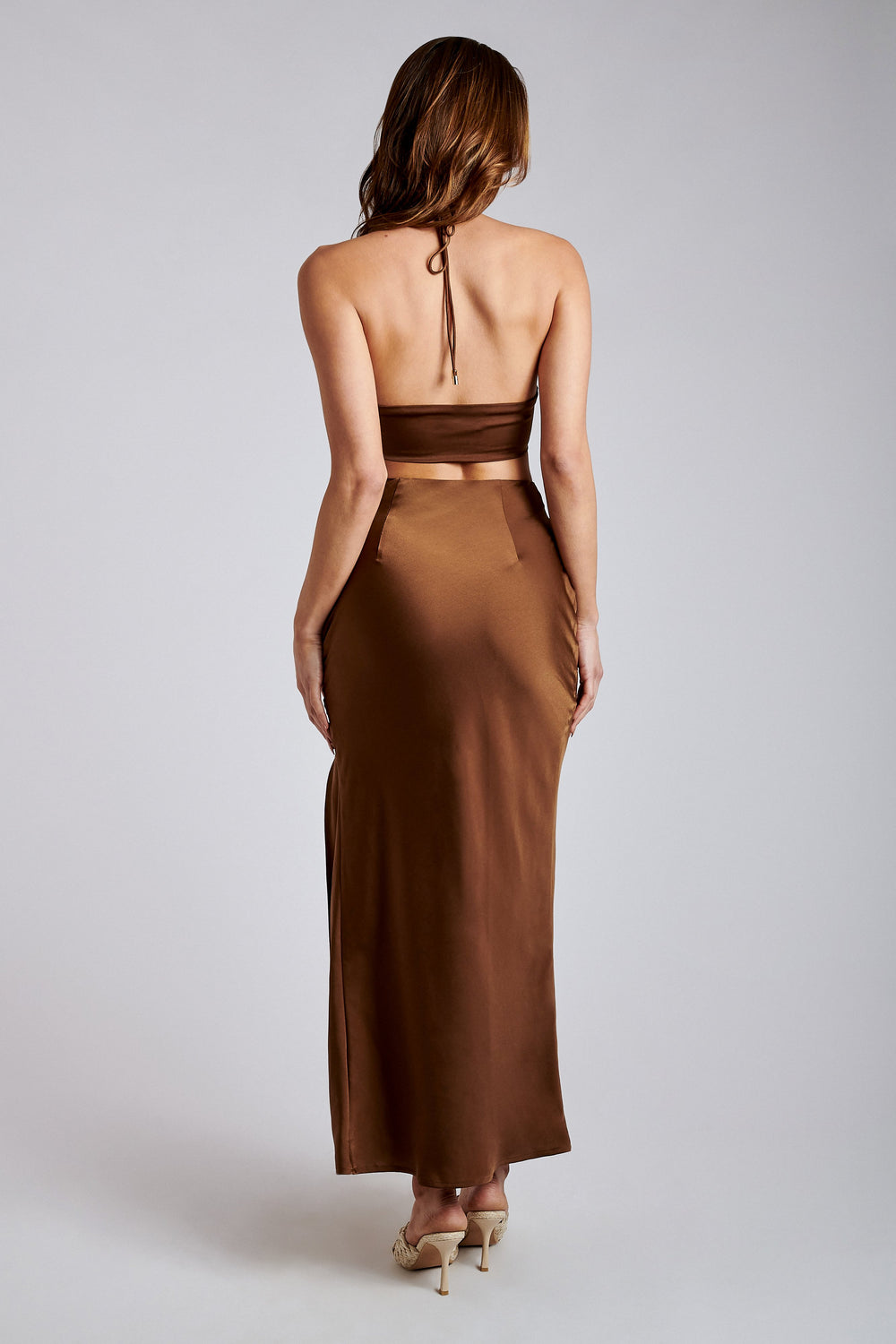 Kimia Satin Ruched Tie Crop Top - Chocolate