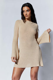Zahra Long Sleeve Open Back Mini Knit Dress - Wheat