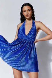 Darya Pleated Mini Halter Dress - Persian Blue