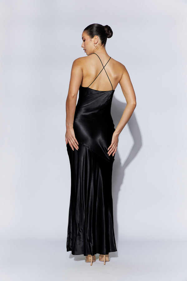Avery Satin Maxi Halter Dress - Black
