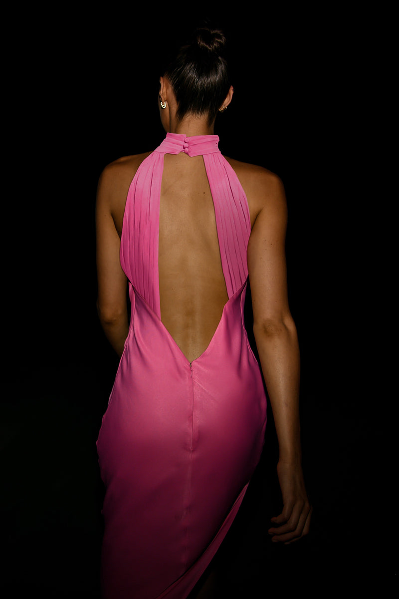Claire Satin Drape Back Maxi Dress with Split - Pink - MESHKI
