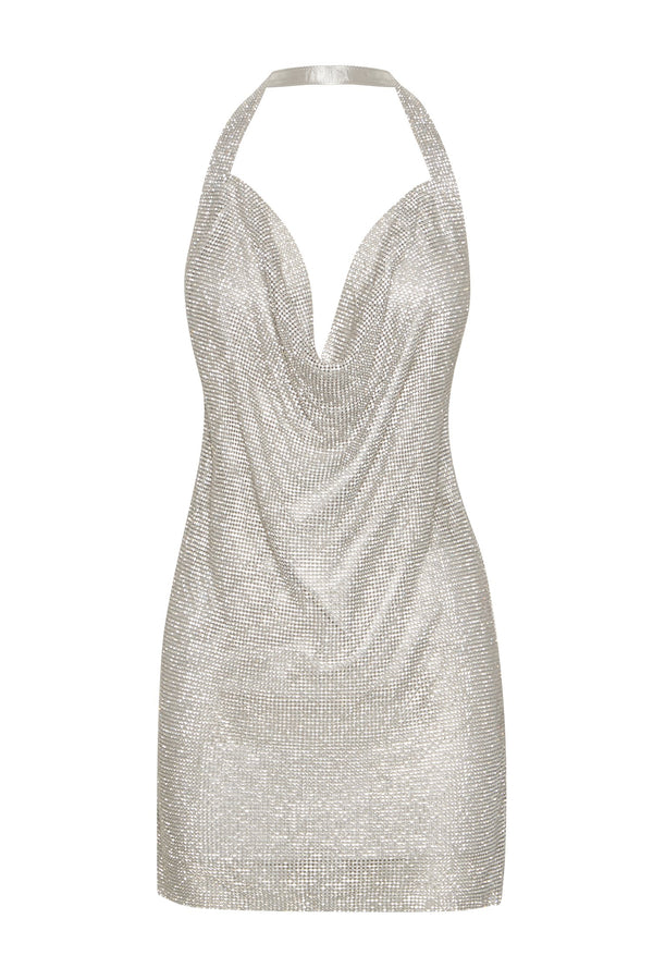 Meilani Low Back Diamante Mesh Mini Dress - Silver