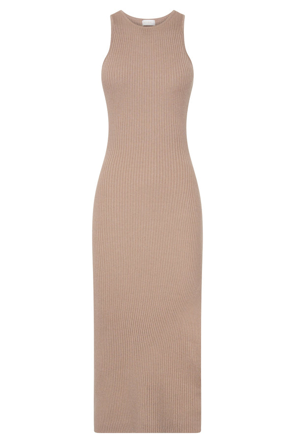 Sienna Knee Length Knit Midi Dress with Side Split - Taupe