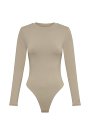 Delilah Recycled Nylon Long Sleeve Crew Neck Bodysuit - Taupe