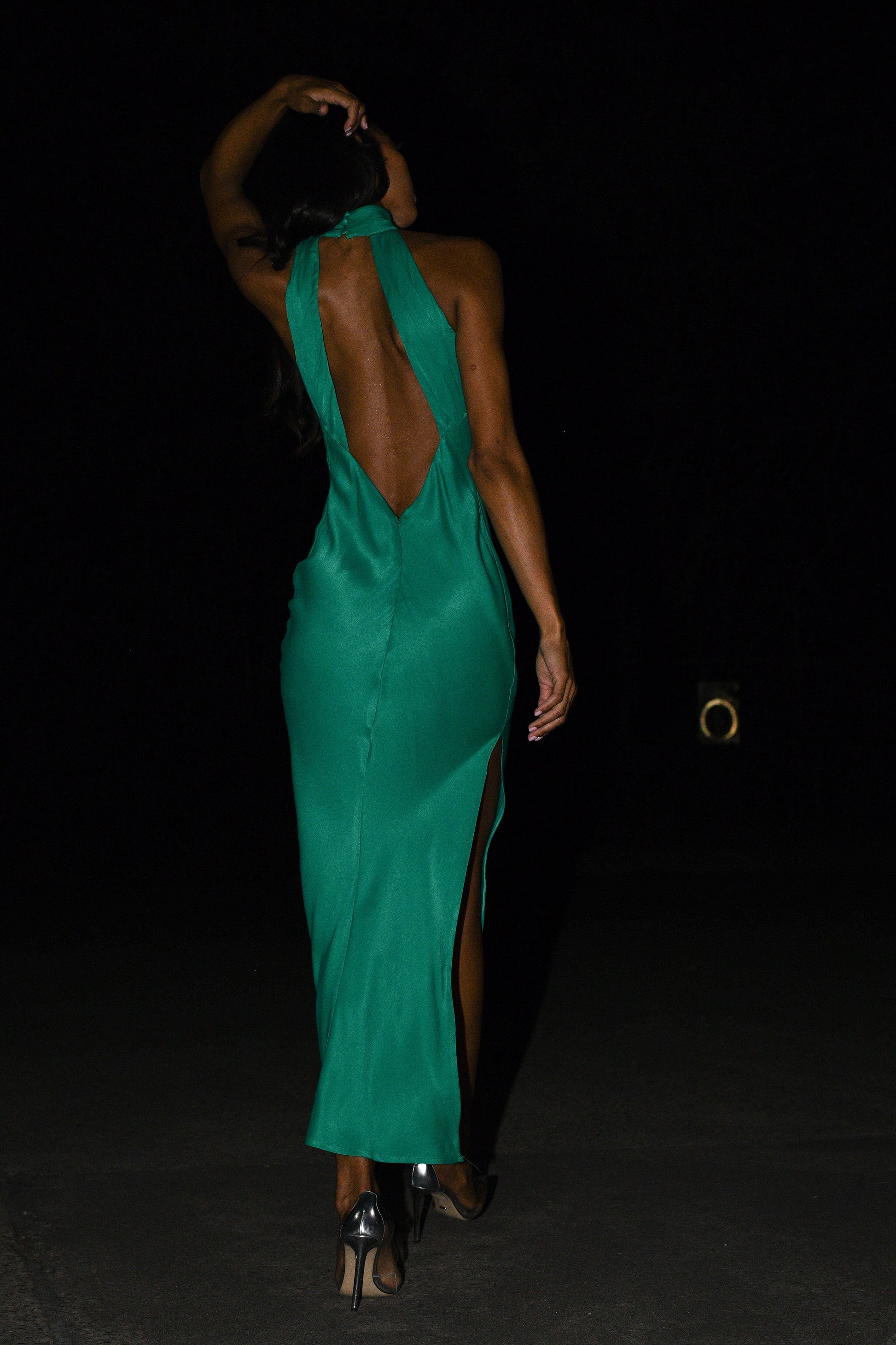 Claire Satin Drape Back Maxi Dress with Split - Green | MESHKI Claire Satin Drape Back Maxi Dress with Split - Green | MESHKI