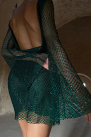 Samira Flare Sleeve Diamante Mesh Mini Dress - Emerald