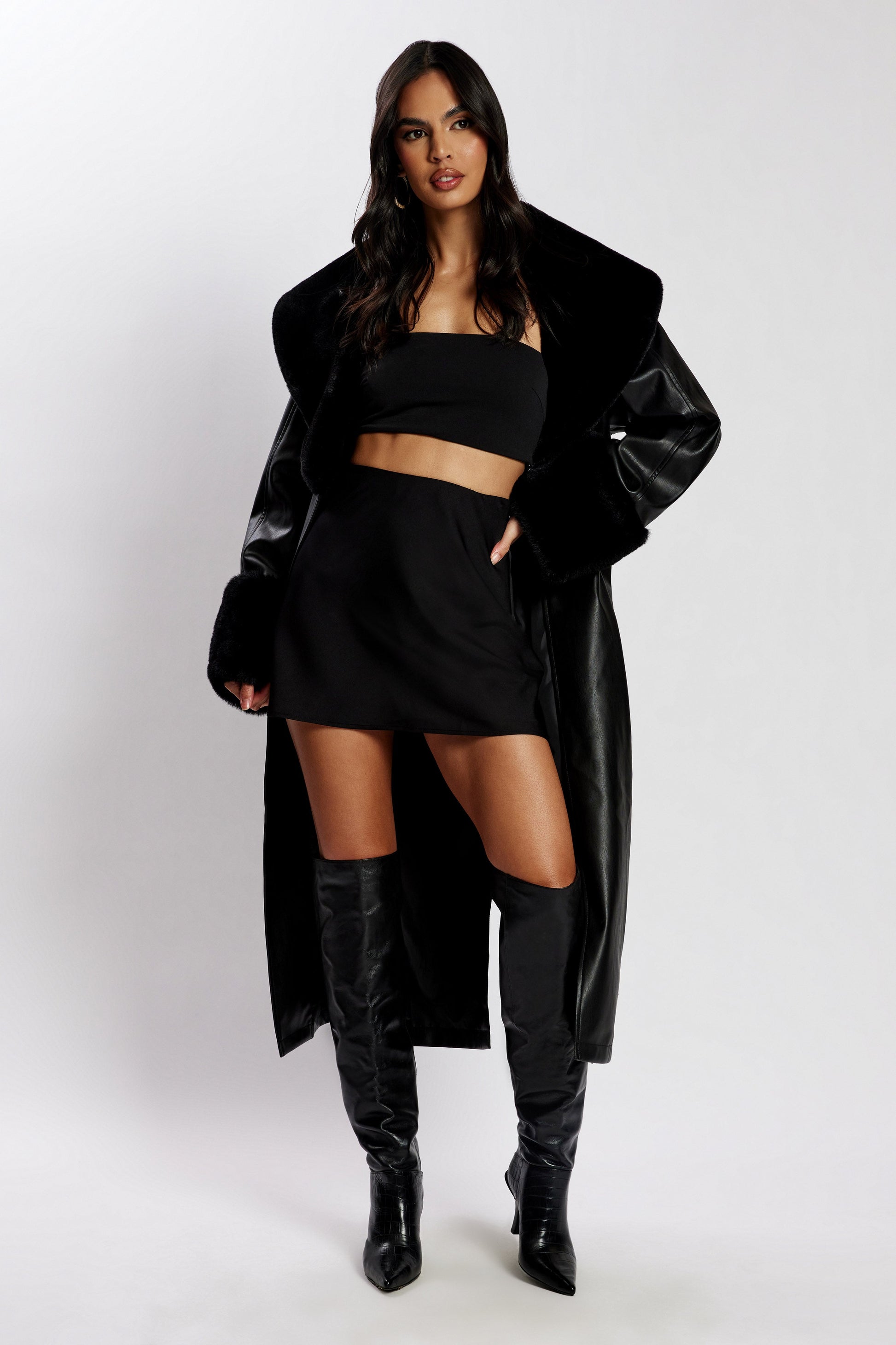 Rebekah Oversized Pu Trench Coat With Fur Trim - Black #8