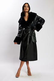 Rebekah Oversized Pu Trench Coat With Fur Trim - Black