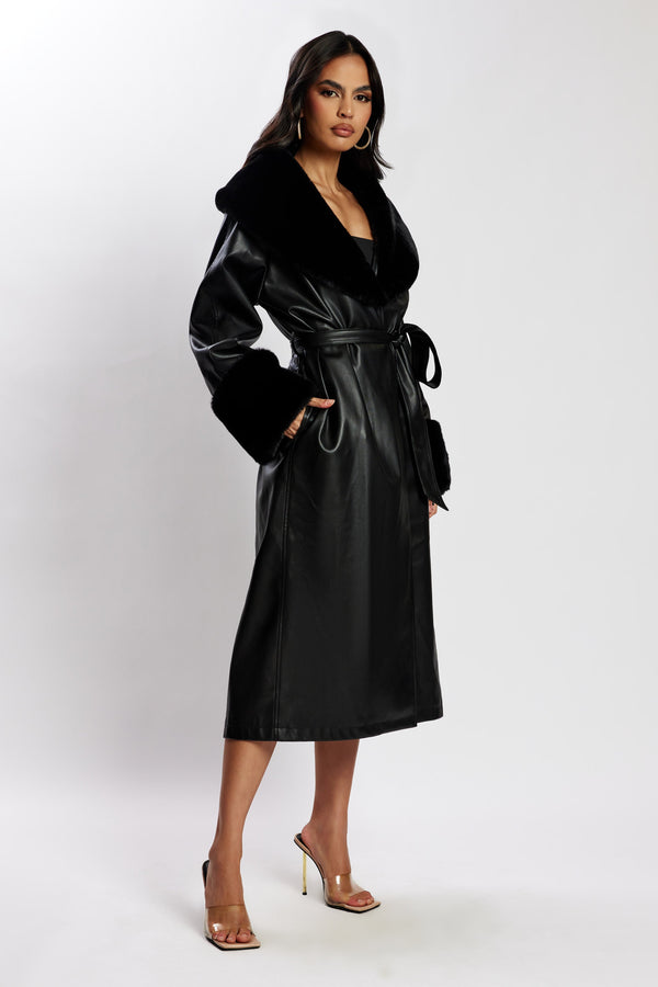 Rebekah Oversized Pu Trench Coat With Fur Trim - Black