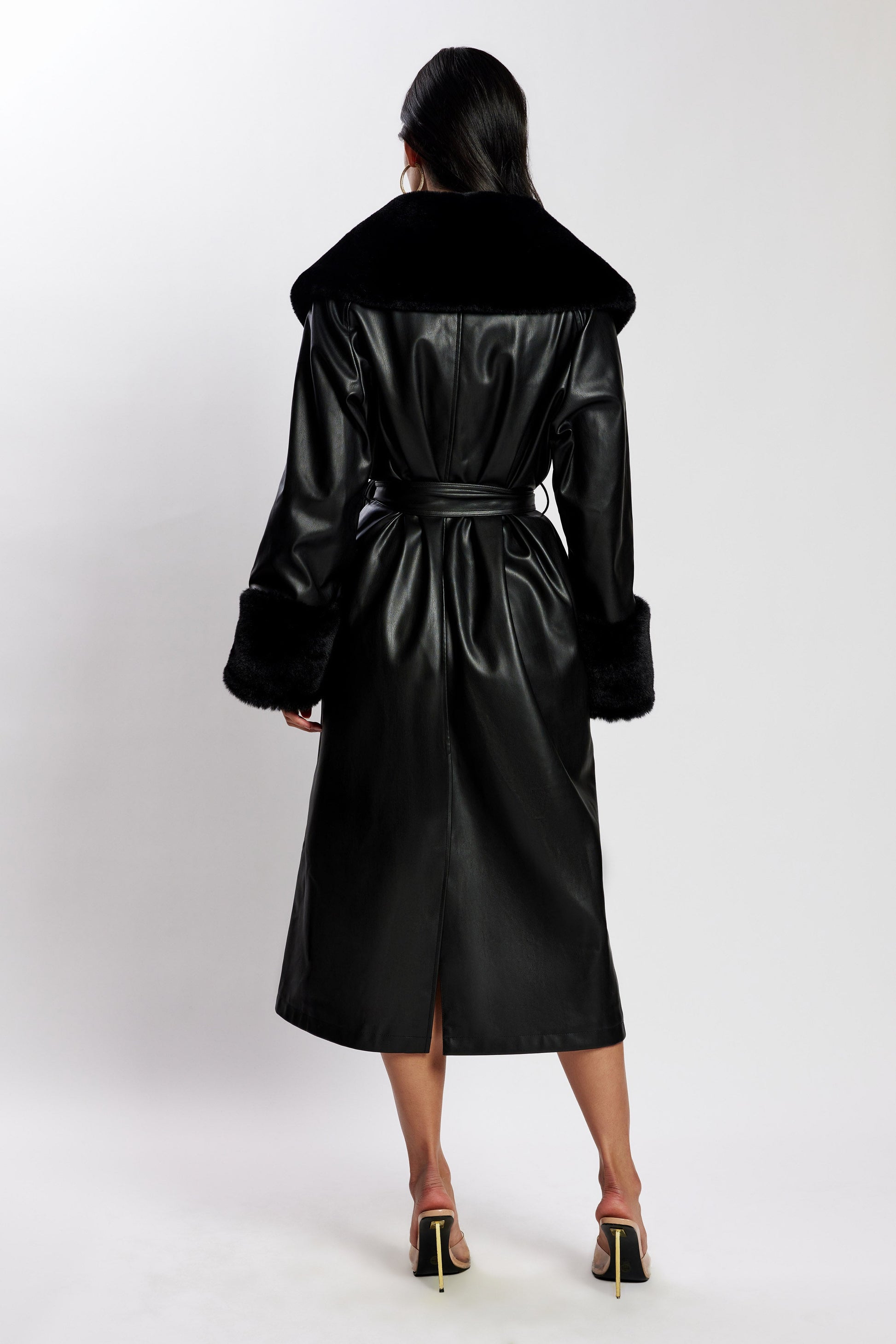 Rebekah Oversized Pu Trench Coat With Fur Trim - Black #3