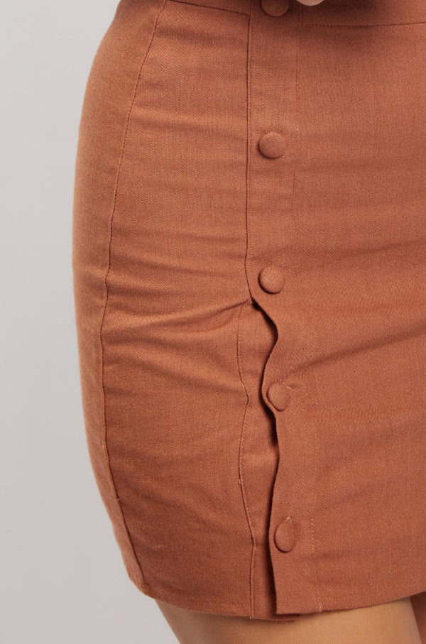 Maja Button Up Linen Mini Skirt - Brown