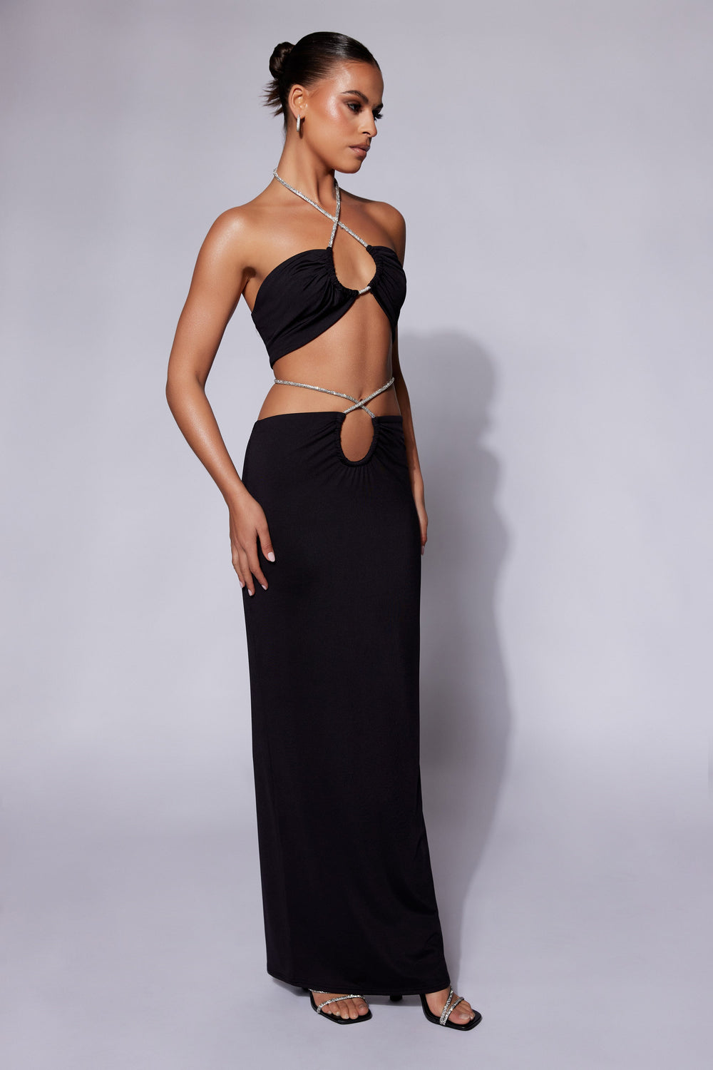 Ruby Diamante Rope Ruched Maxi Skirt - Black