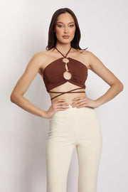 Sabrina Ruched Halter Crop Top - Chocolate