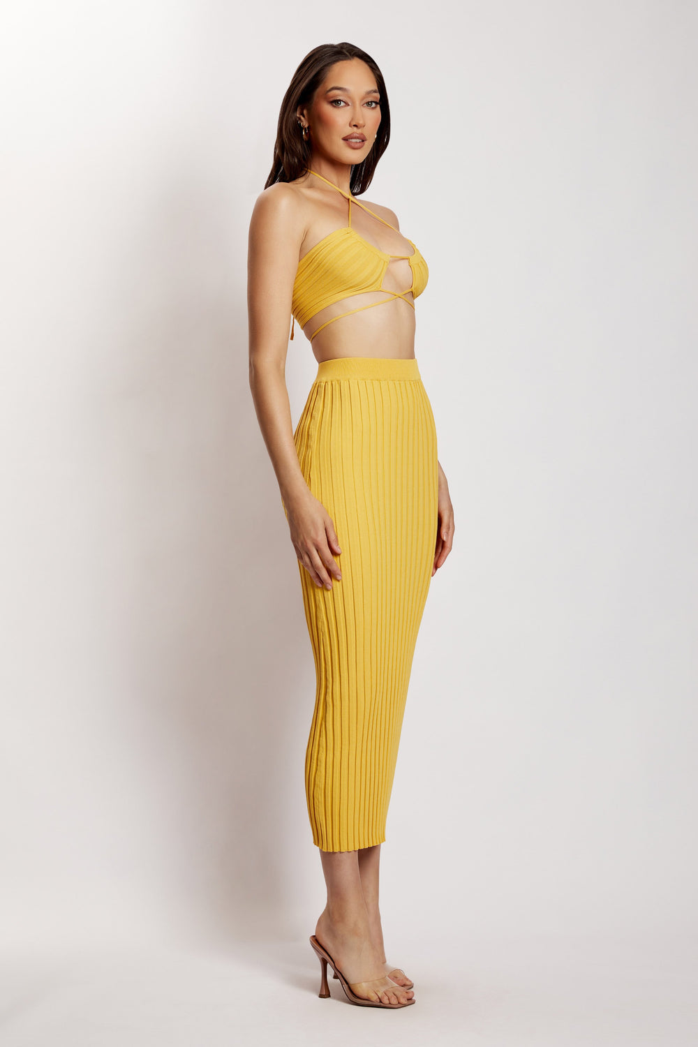 Stacey Ruched Knit Halter Top - Yellow