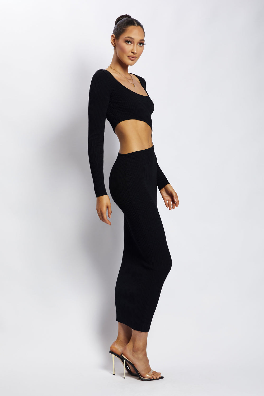 Gaia Cut Out Asymmetric Knitted Midi Dress - Black