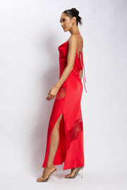 Chandra Lace Detail Satin Maxi Dress - Red