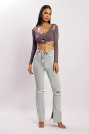 Jessie Long Sleeve Cut Out Crop Top - Charcoal