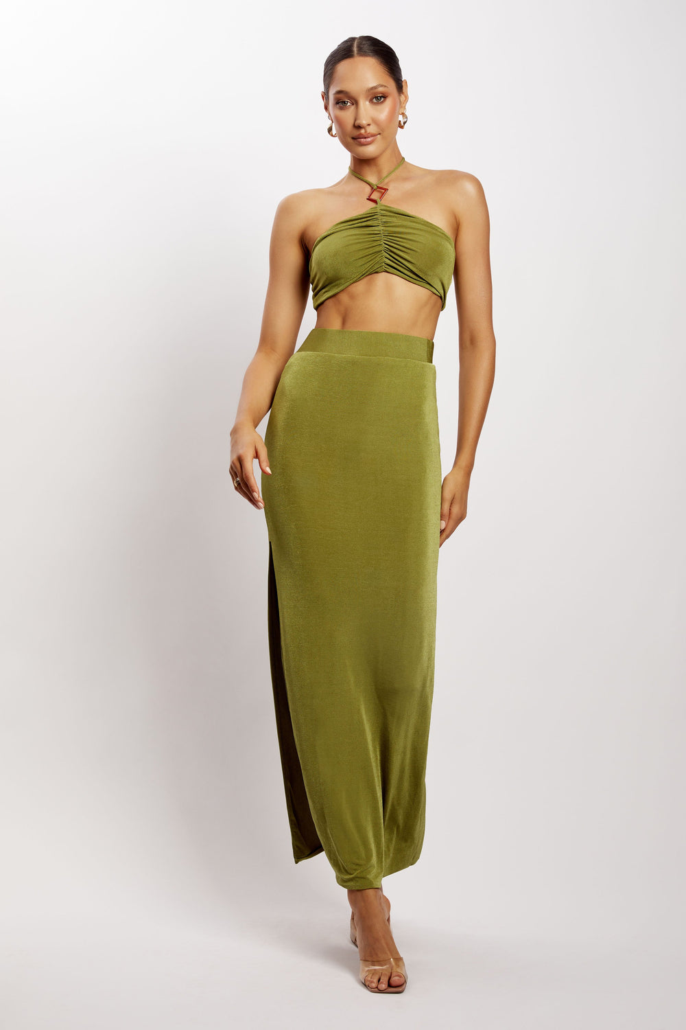 Alizeh Ruched Halter Crop Top - Green