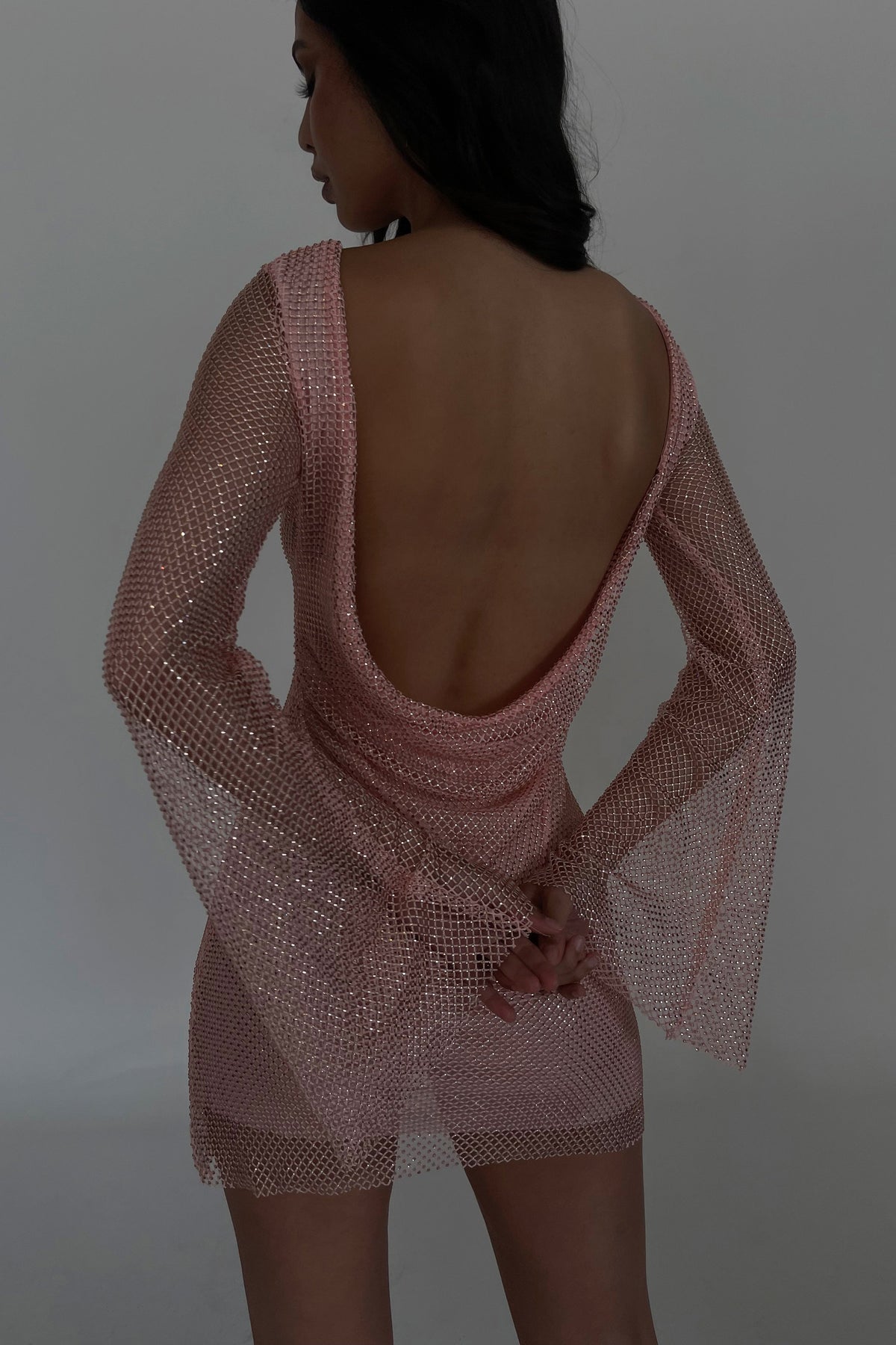 Samira Flare Sleeve Diamante Mesh Mini Dress - Baby Pink #10