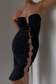 Shelby Diamante Rope Halter Asymmetric Hem Dress - Black