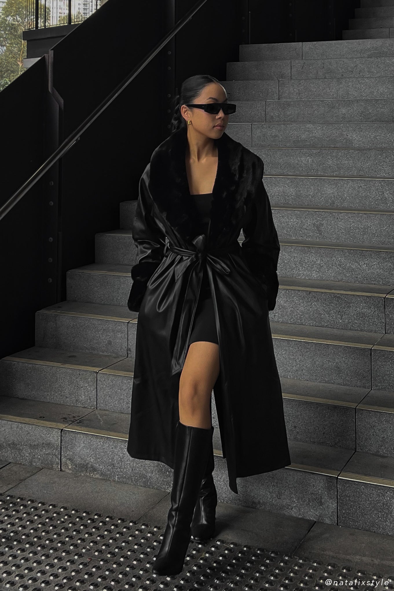 Rebekah Oversized Pu Trench Coat With Fur Trim - Black #2